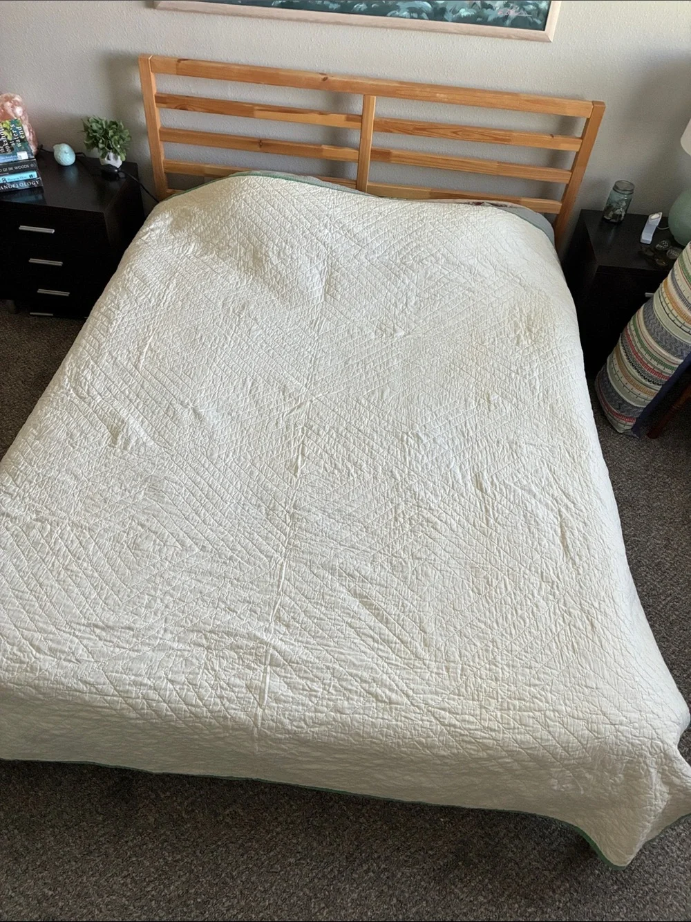 Antique Handmade Green Cream Bowtie Pattern Full Queen Quilt Blanket Bedroom